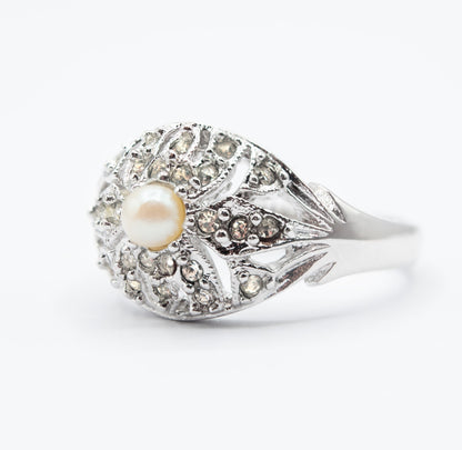 Vintage 1970s Edwardian Style 18k White Gold Electroplated Princess Ring with Austrian Crystals and Glass Pearl jewelry image 1