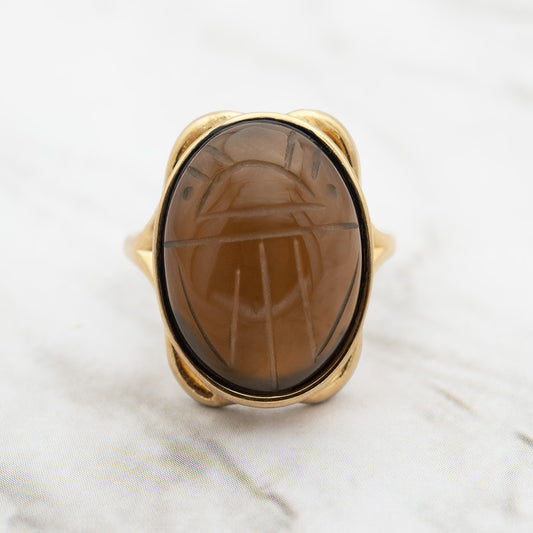 Vintage 1970s Scarab Beetle Genuine Brown Carnelian 18k Gold Electroplated Ring - Made in USA jewelry image 1