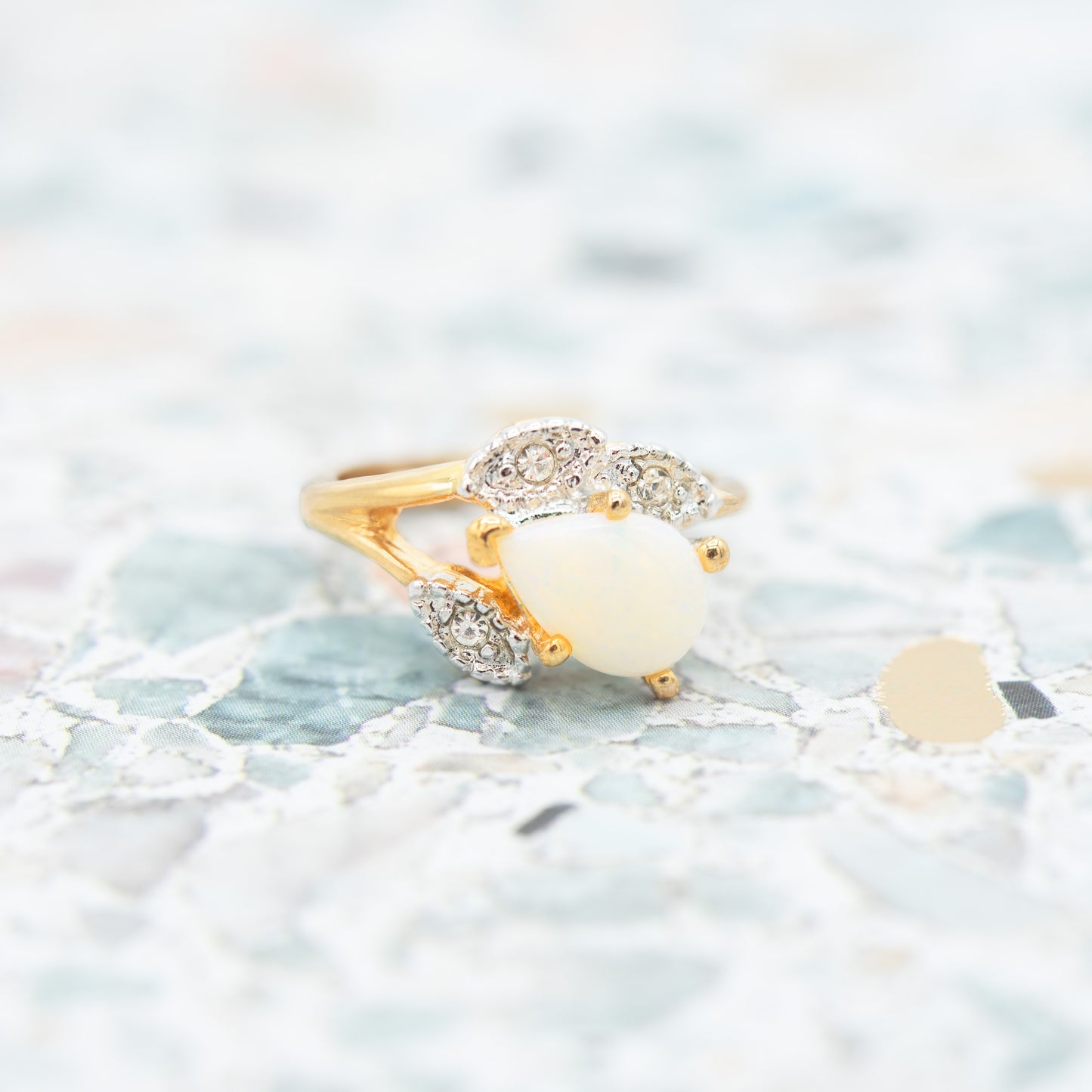 Vintage 1980s Genuine Opal Pear Cut Ring with Austrian Crystal Accents – 18k Gold Electroplated jewelry image 1