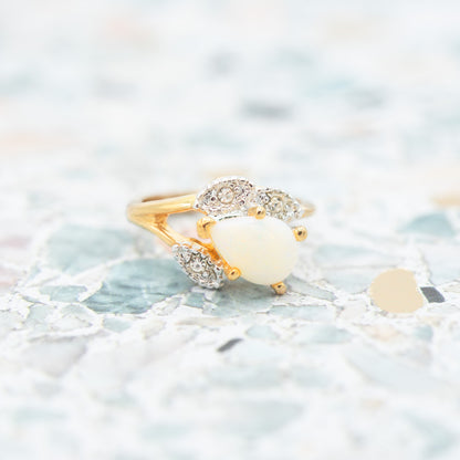 Vintage 1980s Genuine Opal Pear Cut Ring with Austrian Crystal Accents – 18k Gold Electroplated jewelry image 1