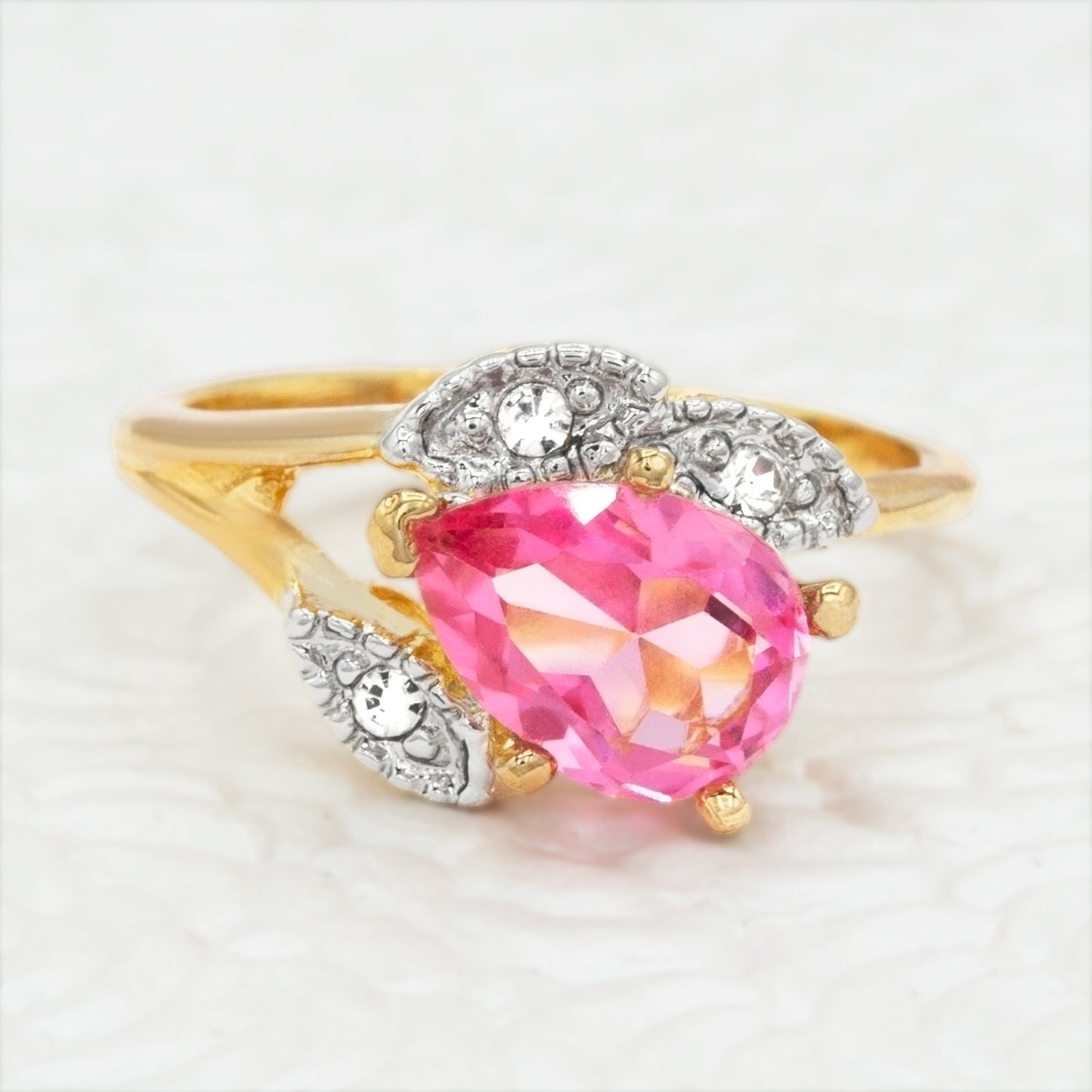 Vintage 1980s Pink Tourmaline Austrian Crystal Pear Cut Ring - 18k Gold Electroplated jewelry image 1