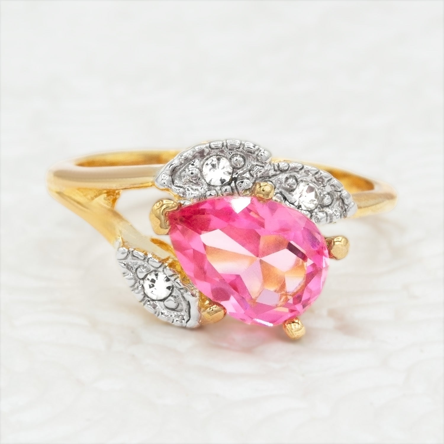 Vintage 1980s Pink Tourmaline Austrian Crystal Pear Cut Ring - 18k Gold Electroplated jewelry image 1