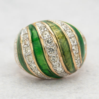 Vintage Hand Painted Emerald Green Epoxy & Crystal Dome Ring – 18k Gold Electroplated Statement Ring jewelry image 1