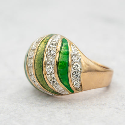 Vintage Hand Painted Emerald Green & Crystal Ring 18k Gold Electroplated Womens Dome Ring Statement Rings