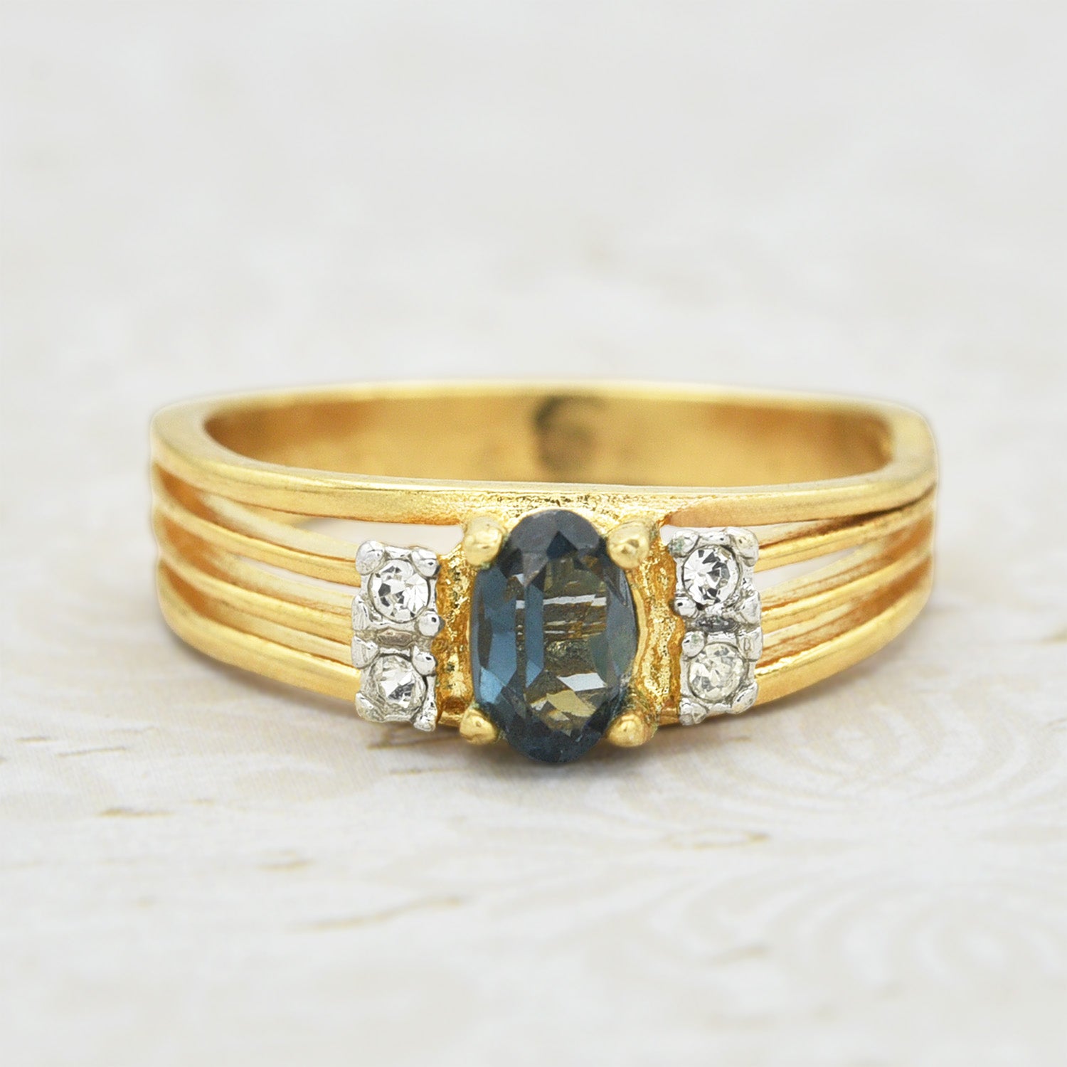 Vintage 1980s Sapphire Crystal Ring – 18kt Yellow Gold Electroplated, Made in USA jewelry image 1