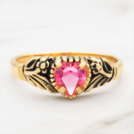 Vintage Pink Austrian Crystal Heart Filigree Ring - 18k Gold Electroplated R1375 jewelry image 1