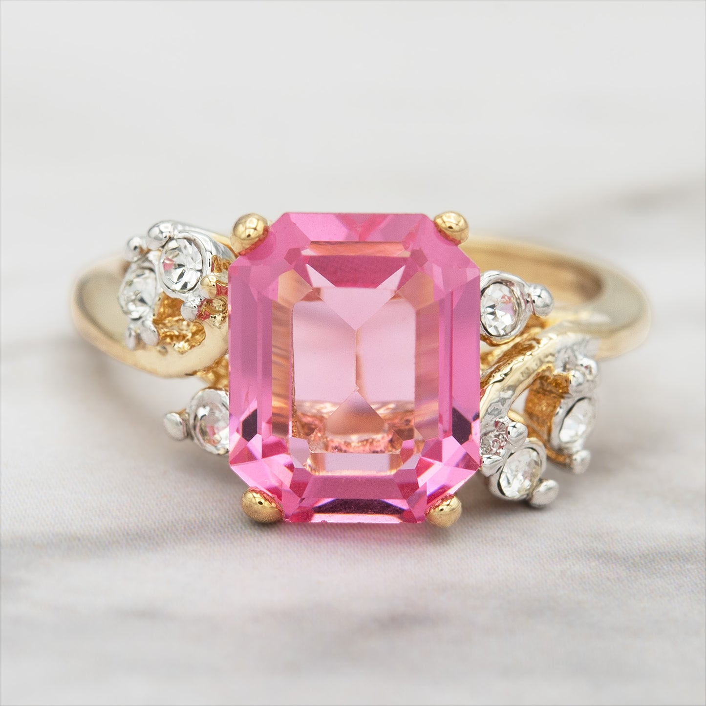 Vintage 1980s Austrian Crystal Pink Tourmaline Color Emerald Cut Ring – 18k Gold Electroplated jewelry image 1