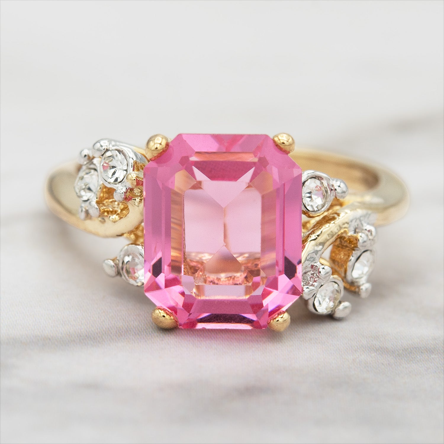 Vintage 1980s Austrian Crystal Pink Tourmaline Color Emerald Cut Ring – 18k Gold Electroplated jewelry image 1
