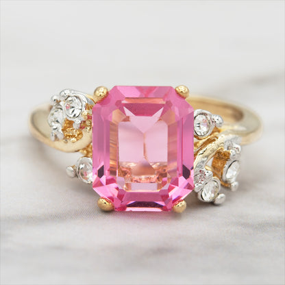 Vintage 1980s Austrian Crystal Pink Tourmaline Color Emerald Cut Ring – 18k Gold Electroplated jewelry image 1
