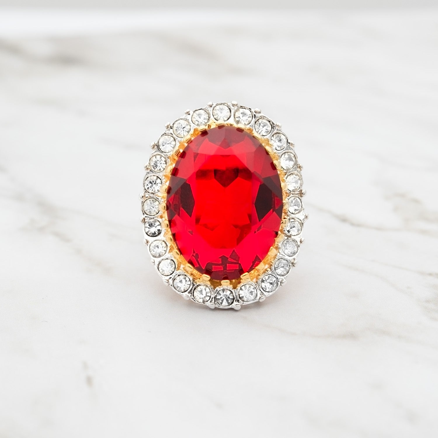 Vintage Ruby Red Austrian Crystal Cocktail Ring - 18k Gold Electroplated Statement Ring jewelry image 1