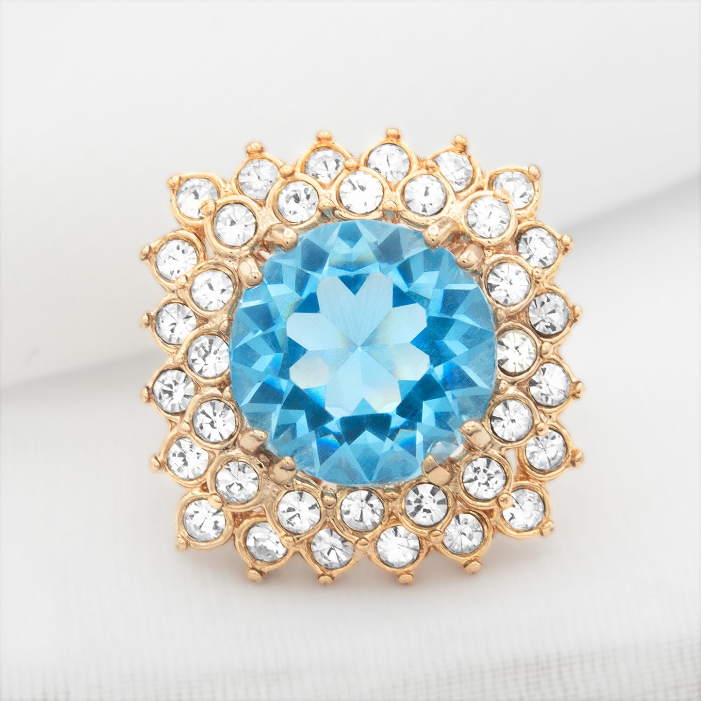 Vintage Austrian Crystal Aquamarine Statement Cocktail Ring – 18k Yellow Gold Electroplated, Made in USA jewelry image 1
