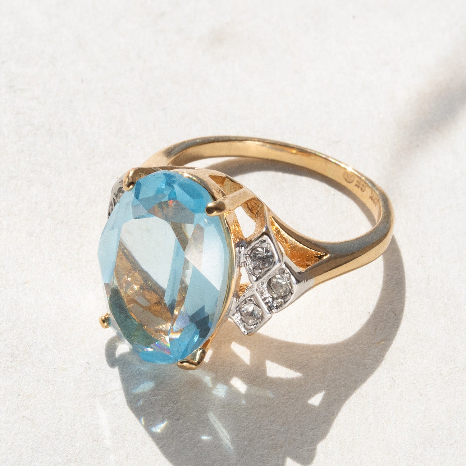 Vintage 1970s Aquamarine Blue Austrian Crystal Cocktail Ring - 18k Gold Electroplated #R1928 jewelry image 1
