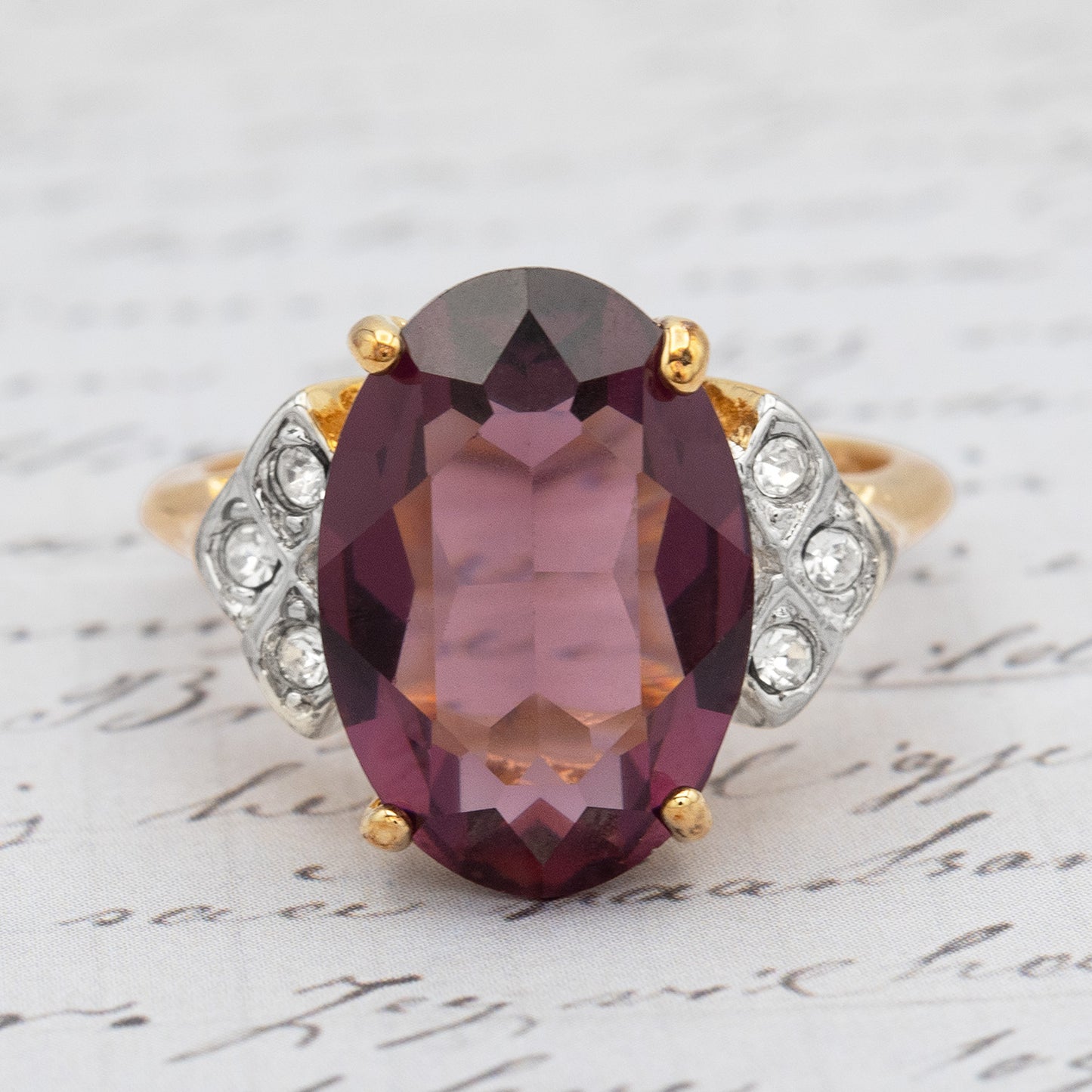 Vintage 1970s Amethyst Purple Austrian Crystal Cocktail Ring - 18k Gold Electroplated #R1928 jewelry image 1