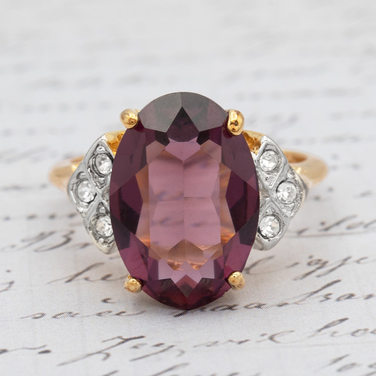 Vintage 1970s Amethyst Purple Austrian Crystal Cocktail Ring - 18k Gold Electroplated #R1928 jewelry image 1