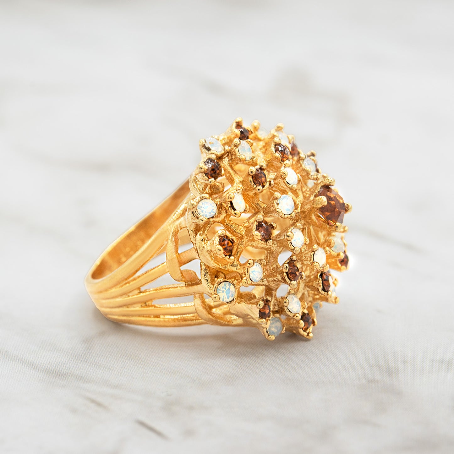 Vintage Ring Genuine Opals and Crystals 18k Gold Electroplated Statement Rings
