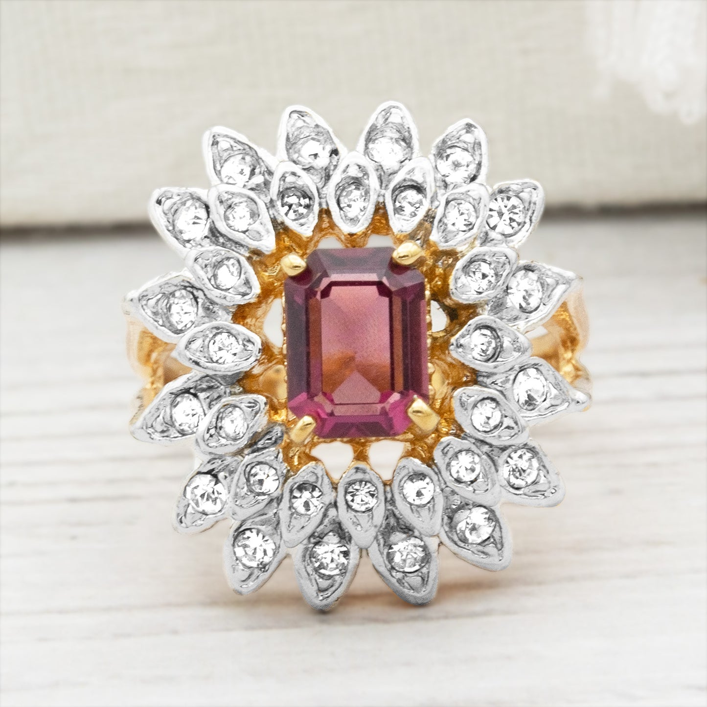 Vintage 1970s Emerald Cut Amethyst Crystal Cocktail Ring - 18k Gold Electroplated Two-Tone with Clear Austrian Crystals jewelry image 1