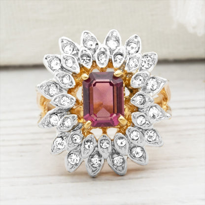 Vintage 1970s Emerald Cut Amethyst Crystal Cocktail Ring - 18k Gold Electroplated Two-Tone with Clear Austrian Crystals jewelry image 1