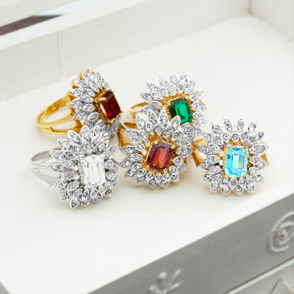 Vintage Ring 1970's Emerald Cut Crystal Surrounded by Clear Crystals 18k Gold Electroplated Women's Statement Cocktail Birthstone Ring