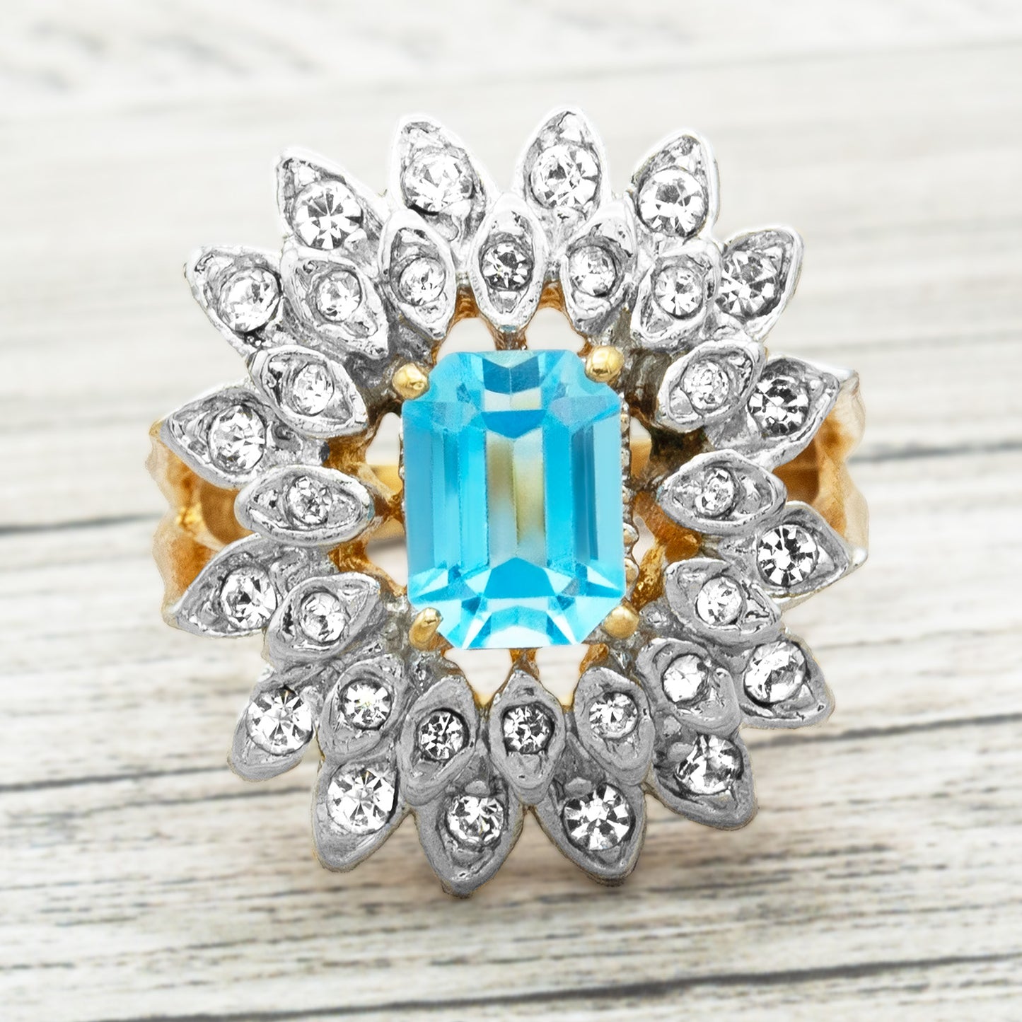 Vintage 1970s Emerald Cut Aquamarine Crystal Cocktail Ring - 18k Gold Electroplated Two-Tone with Clear Austrian Crystals jewelry image 1