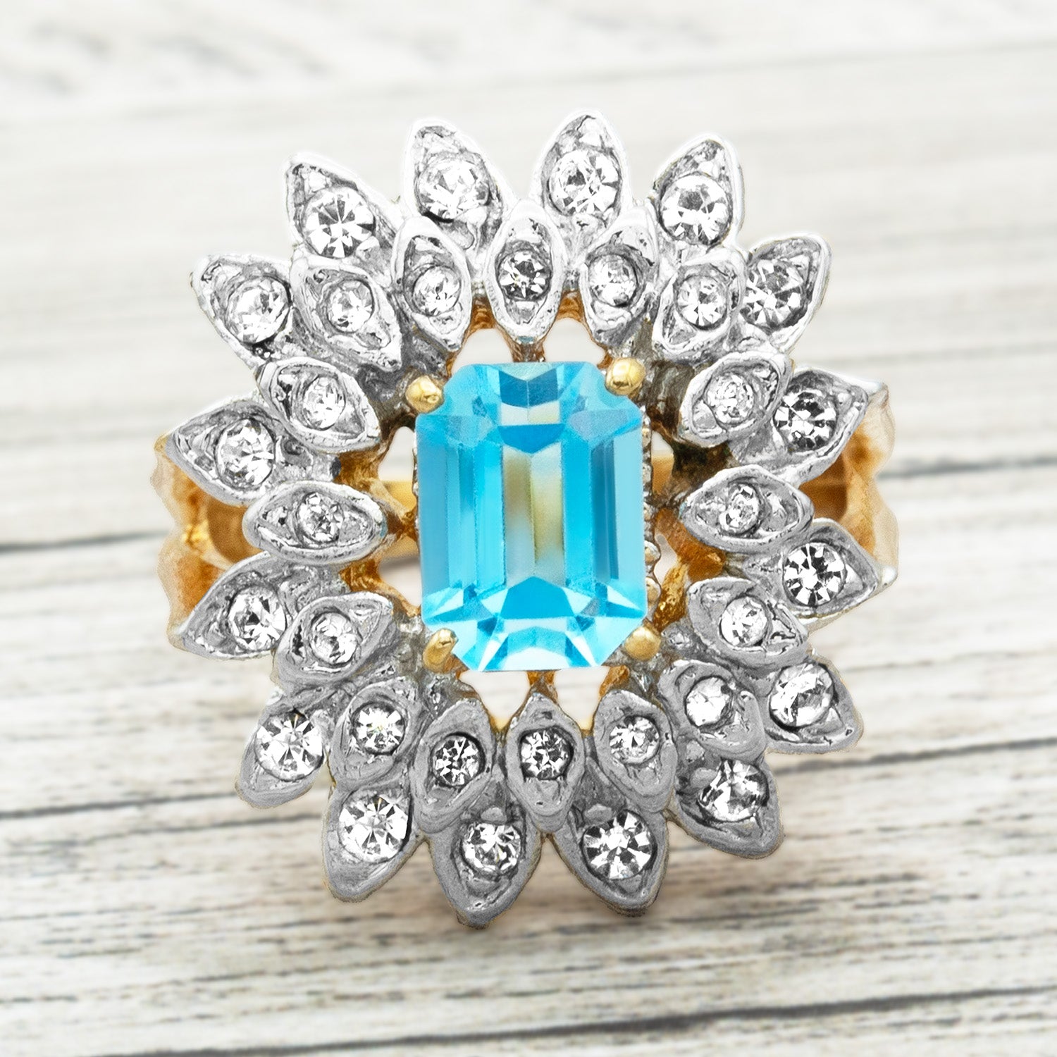 Vintage 1970s Emerald Cut Aquamarine Crystal Cocktail Ring - 18k Gold Electroplated Two-Tone with Clear Austrian Crystals jewelry image 1