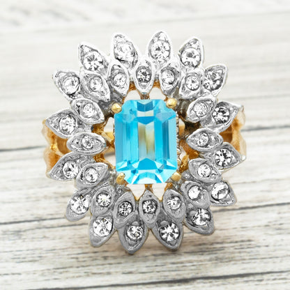 Vintage 1970s Emerald Cut Aquamarine Crystal Cocktail Ring - 18k Gold Electroplated Two-Tone with Clear Austrian Crystals jewelry image 1