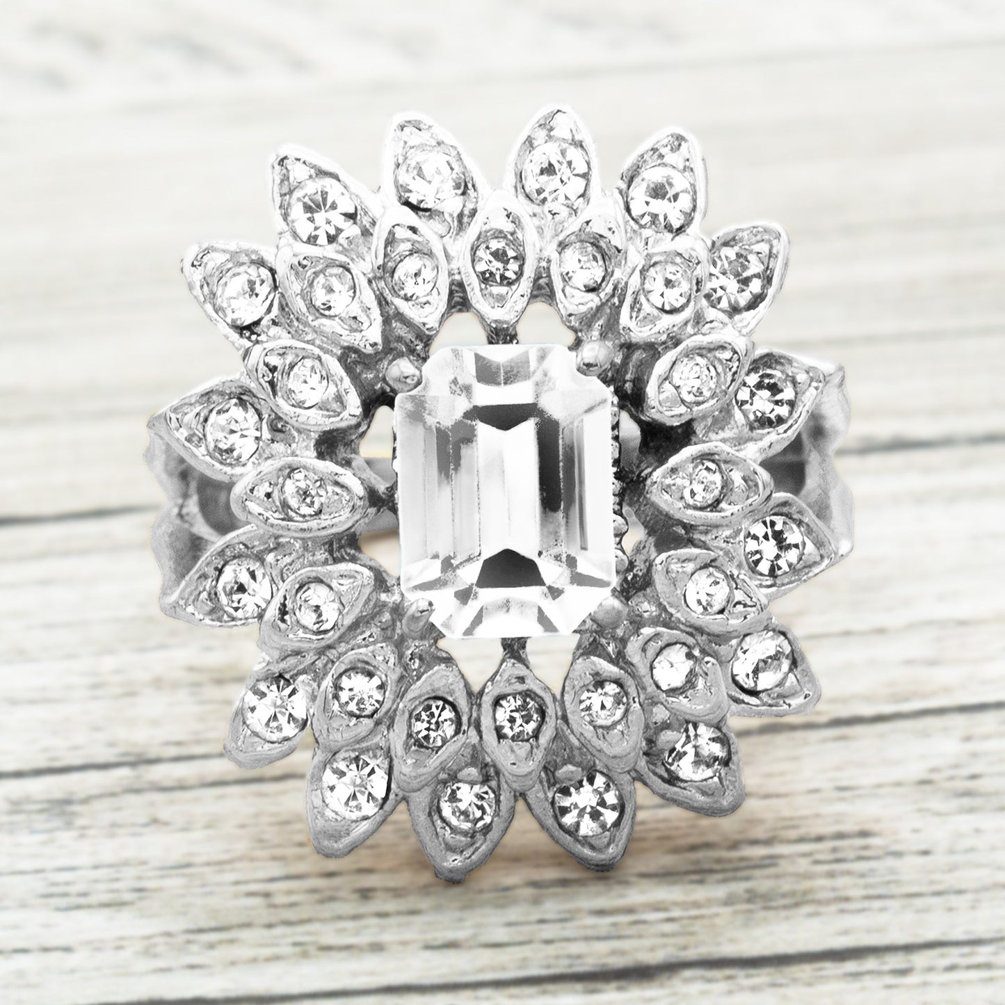 Vintage 1970s Emerald Cut Crystal Cocktail Ring - 18k Gold Electroplated with Clear Austrian Crystals jewelry image 1
