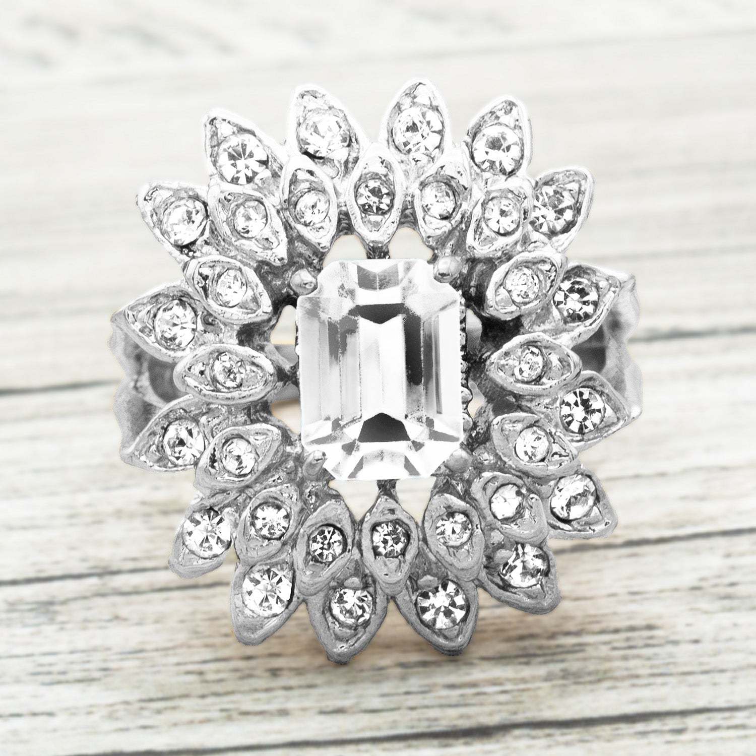 Vintage 1970s Emerald Cut Crystal Cocktail Ring - 18k Gold Electroplated with Clear Austrian Crystals jewelry image 1