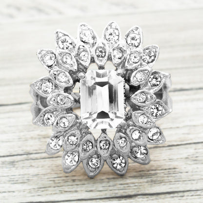 Vintage 1970s Emerald Cut Crystal Cocktail Ring - 18k Gold Electroplated with Clear Austrian Crystals jewelry image 1