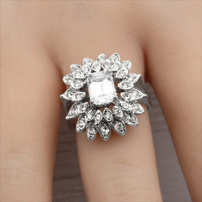 Vintage Ring 1970's Emerald Cut Crystal Surrounded by Clear Crystals 18k Gold Electroplated Women's Statement Cocktail Birthstone Ring