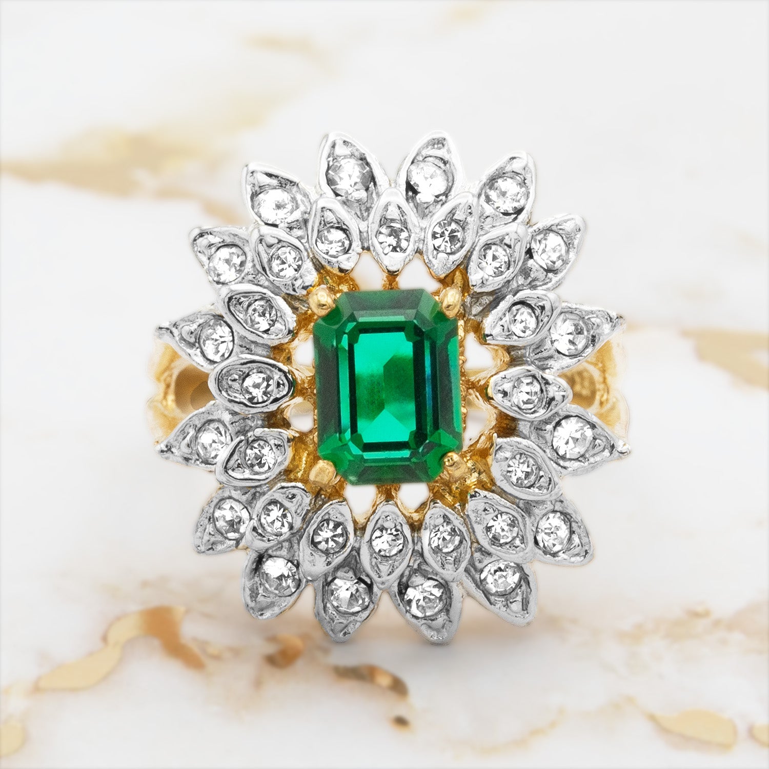 Vintage 1970s Emerald Cut Green Crystal Cocktail Ring - 18k Gold Electroplated Two-Tone with Clear Austrian Crystals jewelry image 1