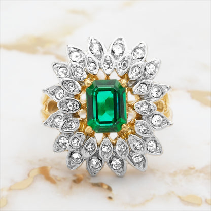 Vintage 1970s Emerald Cut Green Crystal Cocktail Ring - 18k Gold Electroplated Two-Tone with Clear Austrian Crystals jewelry image 1