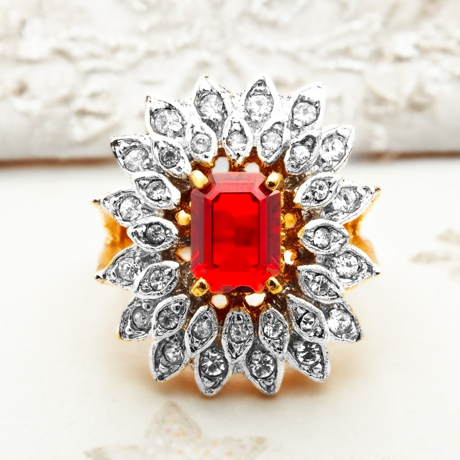 Vintage 1970s Emerald Cut Ruby Red Crystal Cocktail Ring - 18k Gold Electroplated Two-Tone with Clear Austrian Crystals jewelry image 1