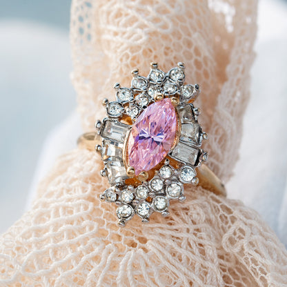 Vintage 1970s Austrian Crystal Pink Tourmaline Cocktail Ring - 18k White Gold Electroplated, Made in USA jewelry image 1