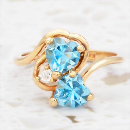 Vintage Double Heart Aquamarine Austrian Crystal Ring - 18k HGE Gold Electroplated jewelry image 1