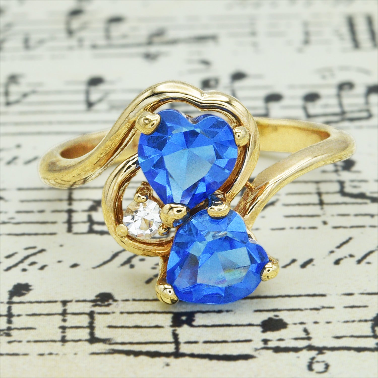 Vintage Double Heart Blue Topaz Austrian Crystal Ring - 18k Gold Electroplated Handmade in USA jewelry image 1