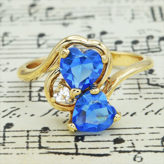 Vintage Double Heart Blue Topaz Austrian Crystal Ring - 18k Gold Electroplated Handmade in USA jewelry image 1