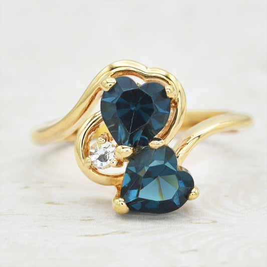 Vintage Double Heart Sapphire Blue Austrian Crystal Ring - 18k Gold Electroplated jewelry image 1