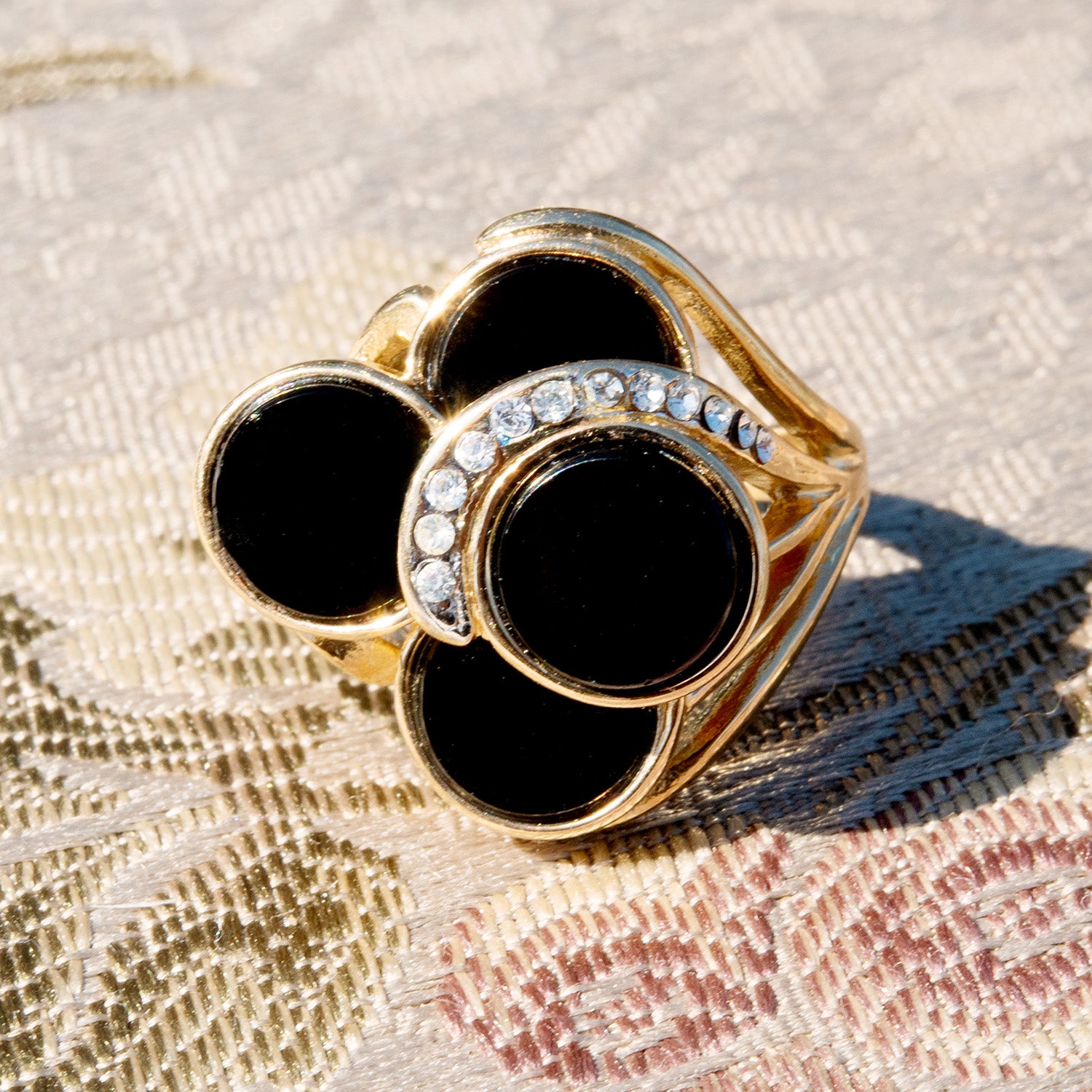 Vintage Genuine Black Onyx Cocktail Ring with Austrian Crystals - 18k Yellow Gold Electroplated jewelry image 1