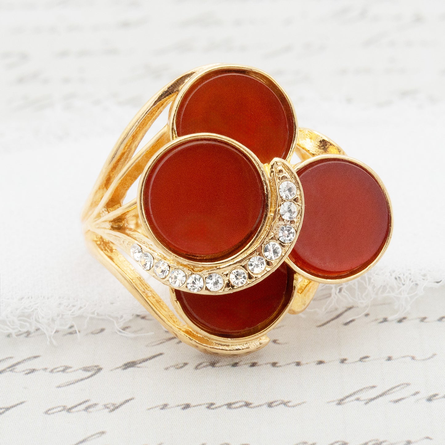 Vintage Genuine Orange Agate Cocktail Ring with Austrian Crystals - 18k Gold Electroplated jewelry image 1
