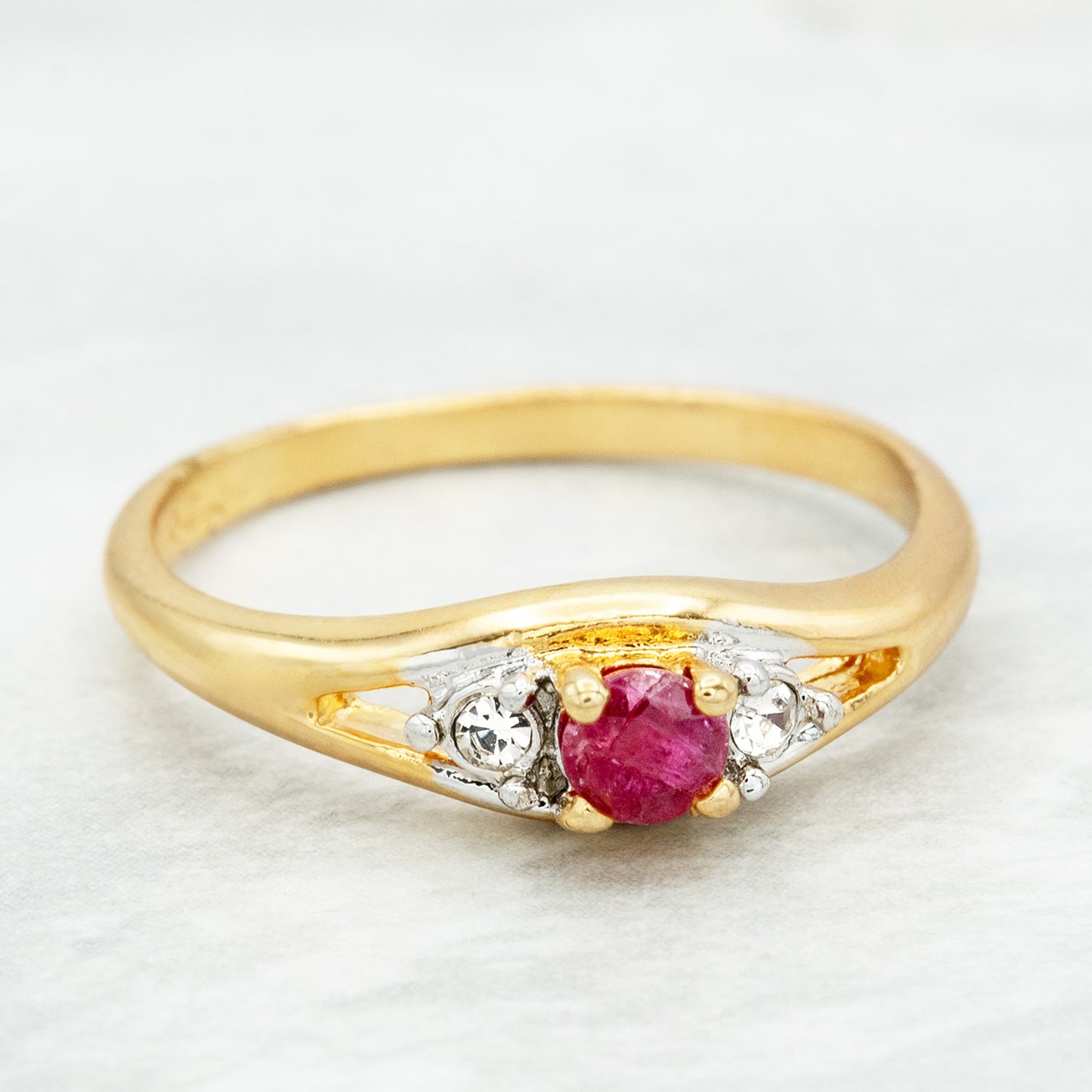 Vintage Genuine Ruby Three-Stone Ring - 18k Yellow Gold Electroplated - Made in USA jewelry image 1