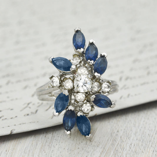 Vintage Jewelry Austrian Crystal Cocktail Ring 18k White Gold Electroplated