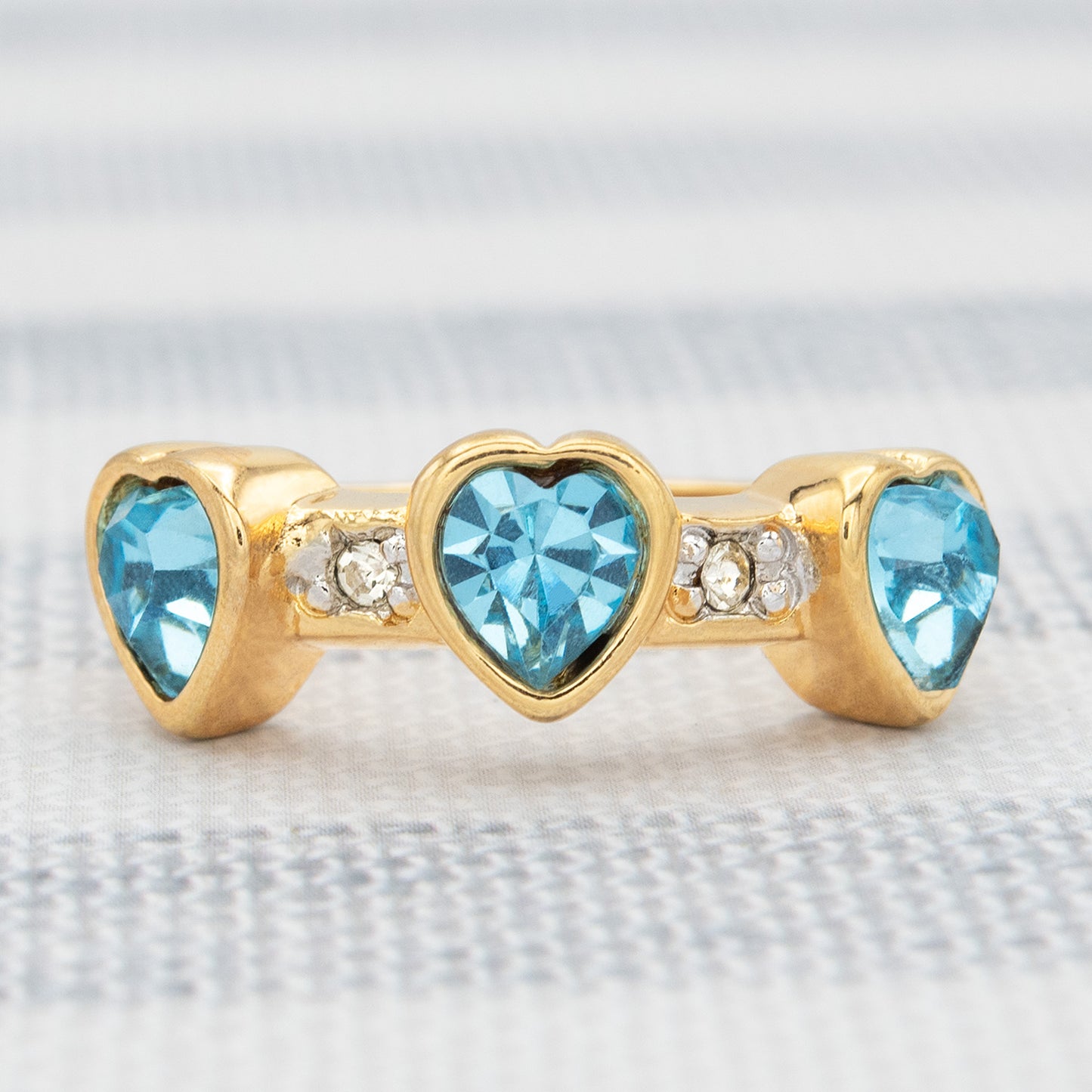 Vintage Triple Heart Aquamarine Austrian Crystal Ring - 18k Gold Electroplated jewelry image 1