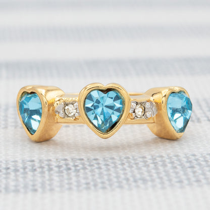 Vintage Triple Heart Aquamarine Austrian Crystal Ring - 18k Gold Electroplated jewelry image 1