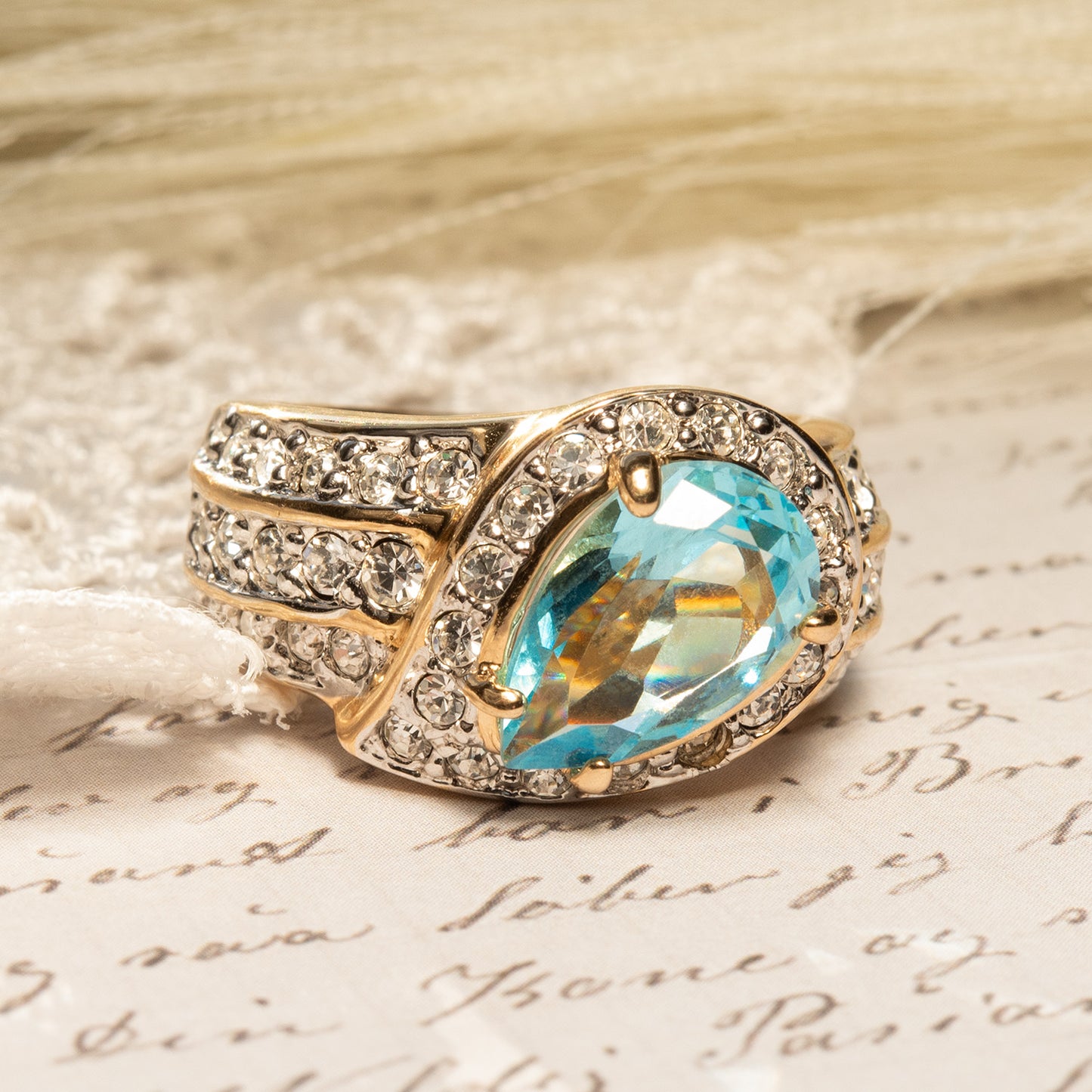 Vintage Ring 1980s Ring Austrian Crystals 18k Gold Electroplated Womens Statement Birtstone Ring