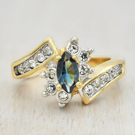 Vintage 1980s Ring Zirconia with Clear Austrian Crystals 18k Yellow Gold Electroplated