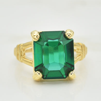 Vintage 1980s Emerald Cut Green Crystal Cocktail Ring - 18k Gold Electroplated - Made in USA jewelry image 1