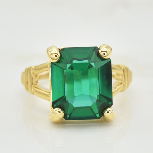 Vintage 1980s Emerald Cut Green Crystal Cocktail Ring - 18k Gold Electroplated - Made in USA jewelry image 1