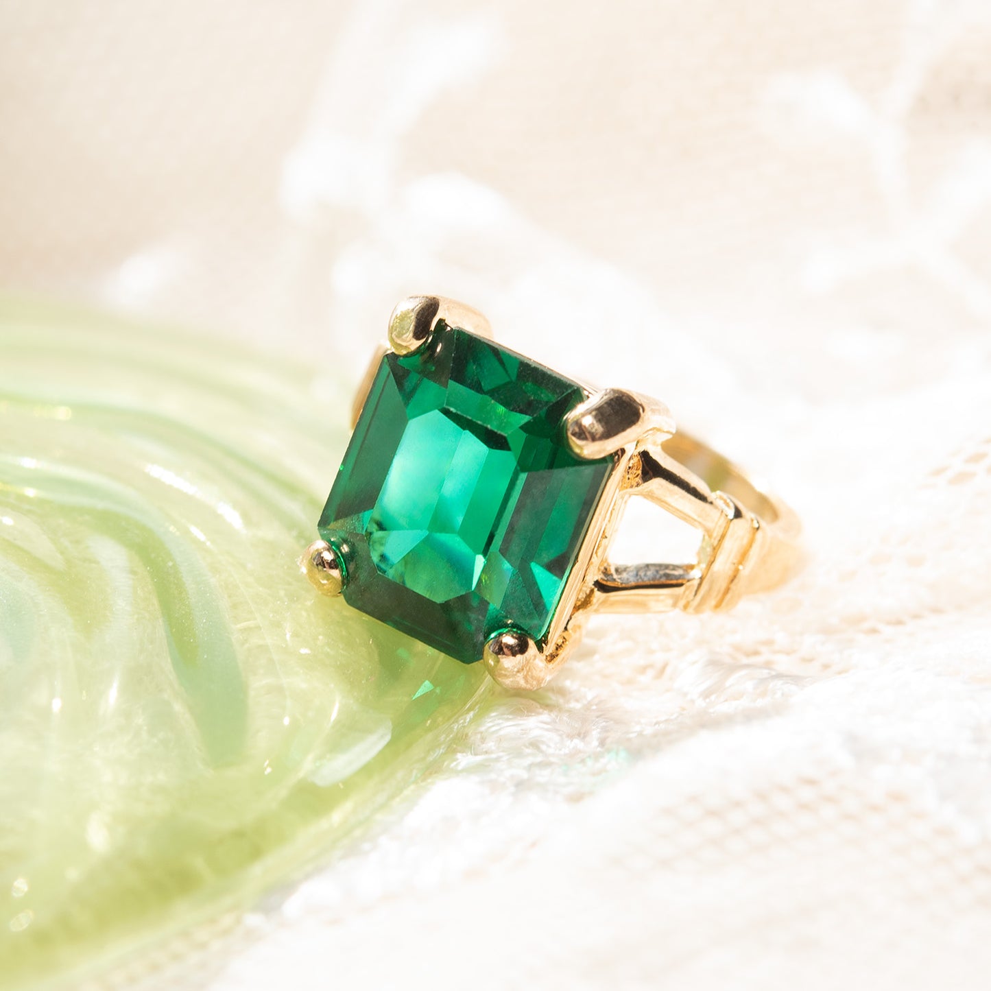 Vintage 1980s Emerald Cut Green Crystal Cocktail Ring - 18k Gold Electroplated - Made in USA jewelry image 1