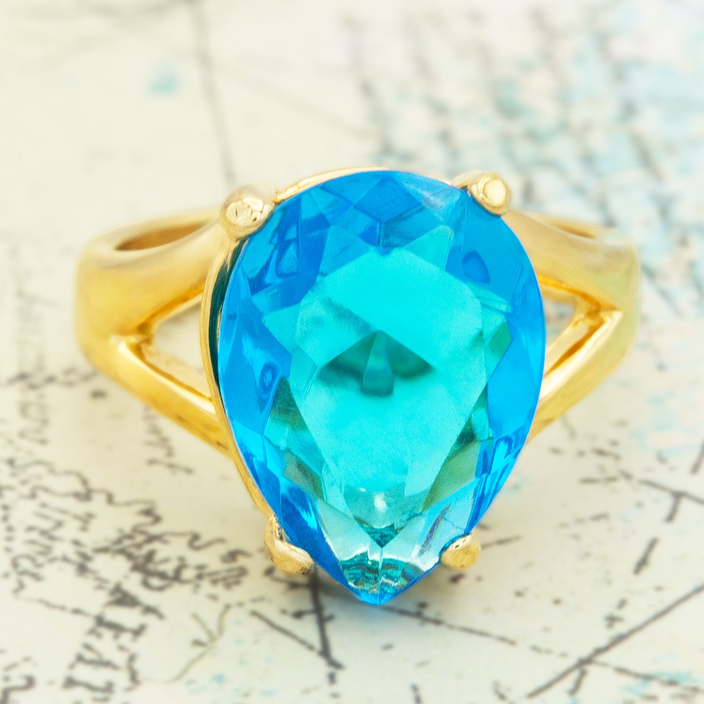 Vintage 1980s Austrian Crystal Blue Teardrop Cocktail Ring – 18k Gold Electroplated, Made in USA jewelry image 1