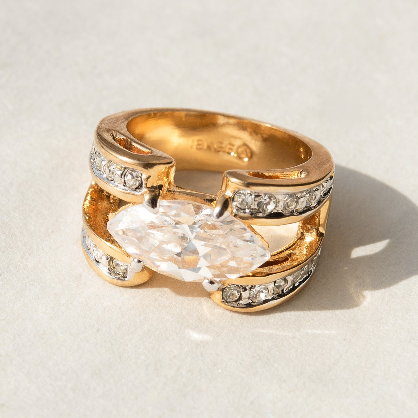 Vintage 1980s Marquise Cut Clear CZ Statement Ring – 18k Gold Electroplated jewelry image 1